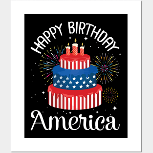 Big US Flag Birthday Cake And Fireworks Happy Birthday America Independence July 4th Day Posters and Art